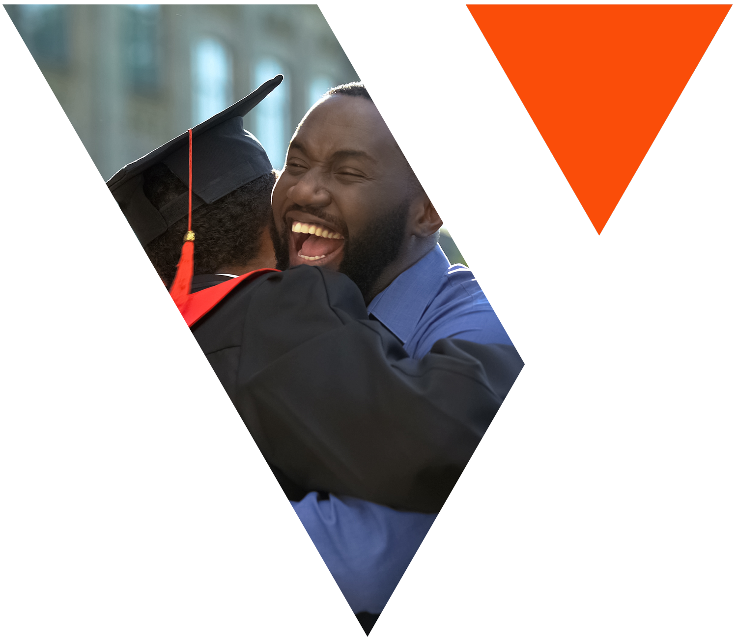 Two people, one in a cap and gown, embrace in image shaped like the Vision Financial Group logo