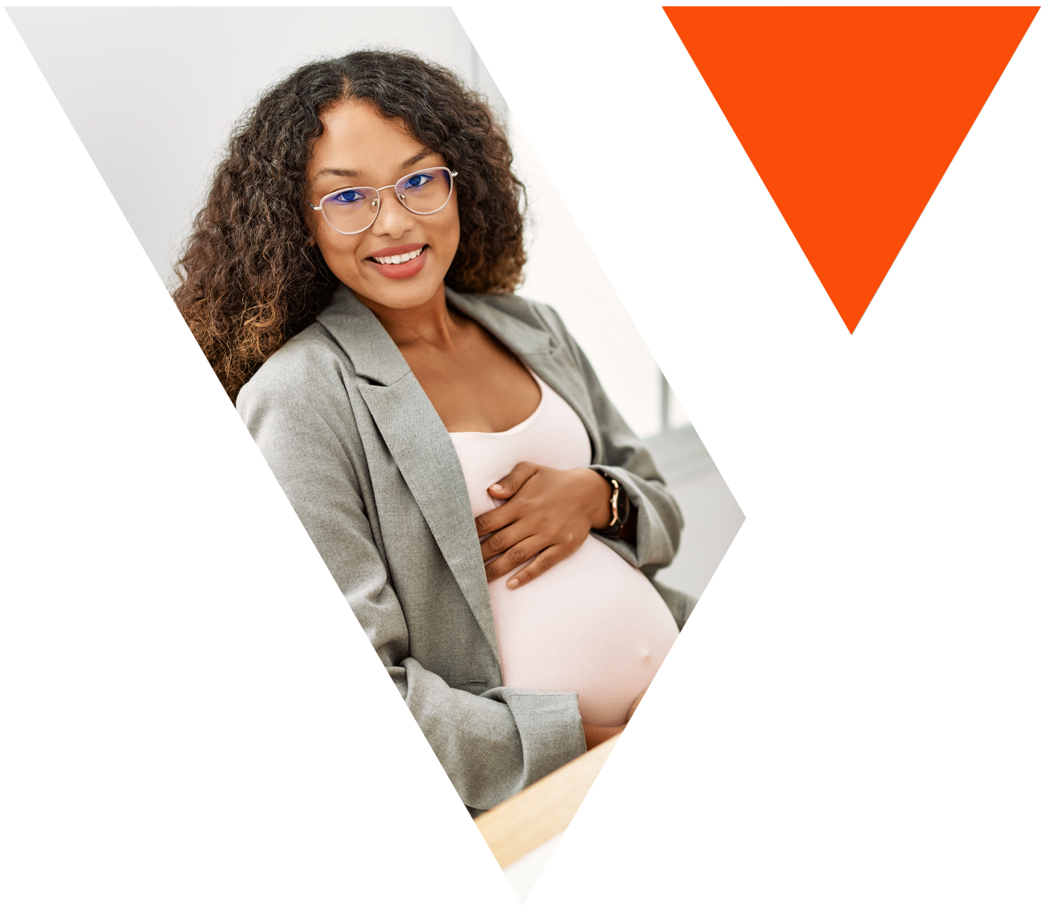 Pregnant person holds belly looking at the camera in image shaped like the Vision Financial Group logo