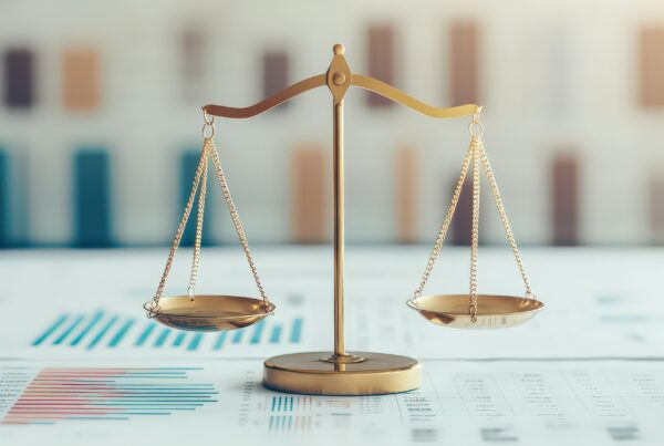 Balanced scale representing the structure of a cash balance plan, surrounded by financial charts